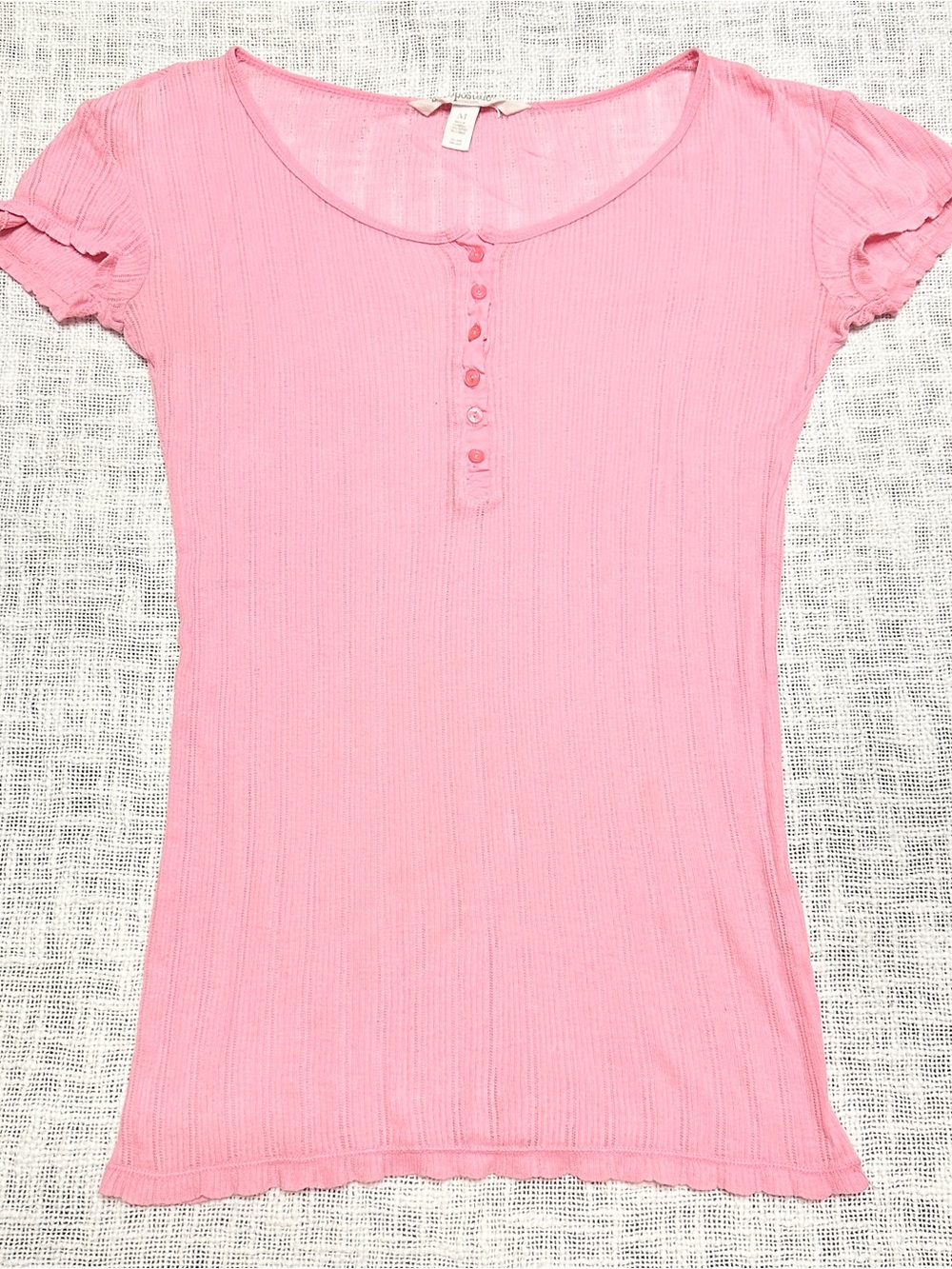 Vintage Y2K Aeropostale Baby Pink Ribbed Short Sleeve Henley Tee π Size Medium